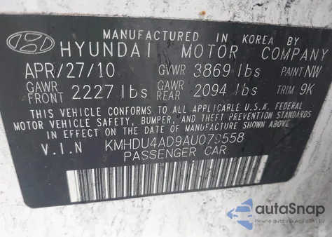 2010 Hyundai Elantra Gls from USA, damaged, VIN KMHDU4AD9AU079558